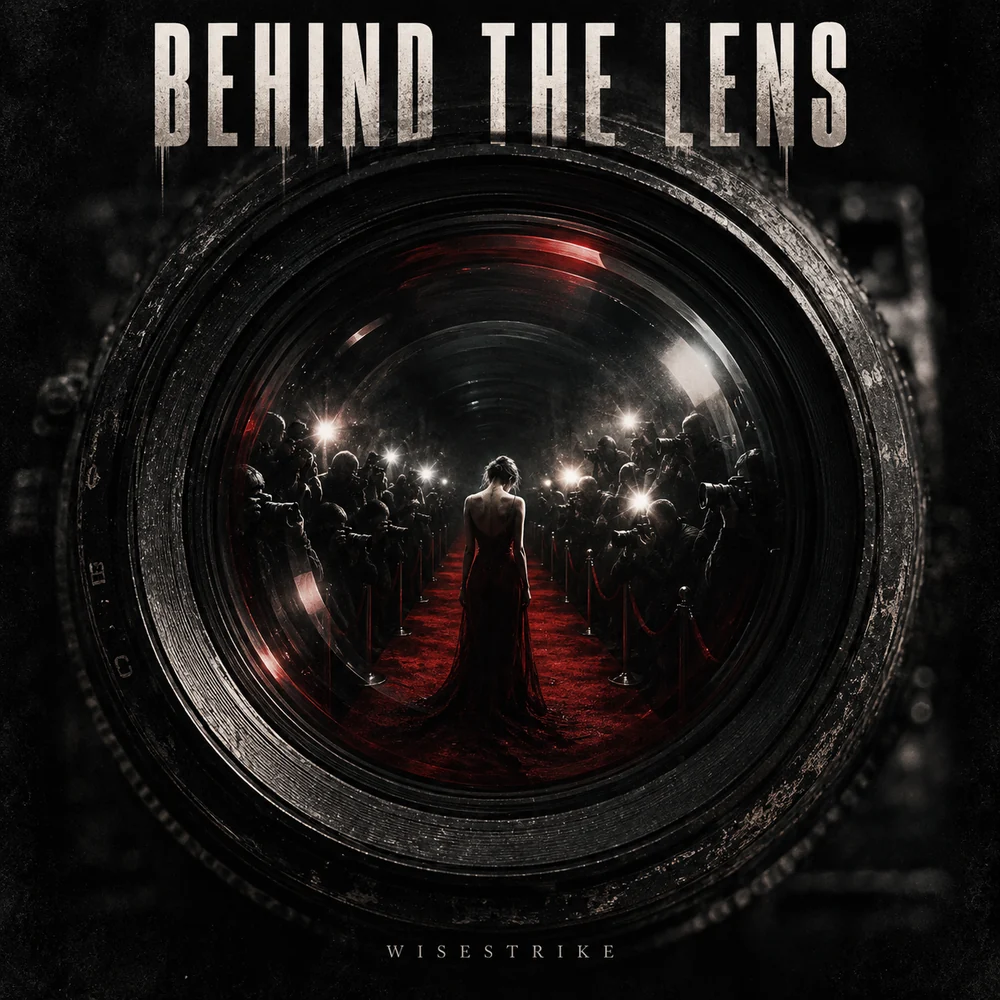 Behind the Lens: a woman on a red carpet surrounded by photographers inside a camera lens.