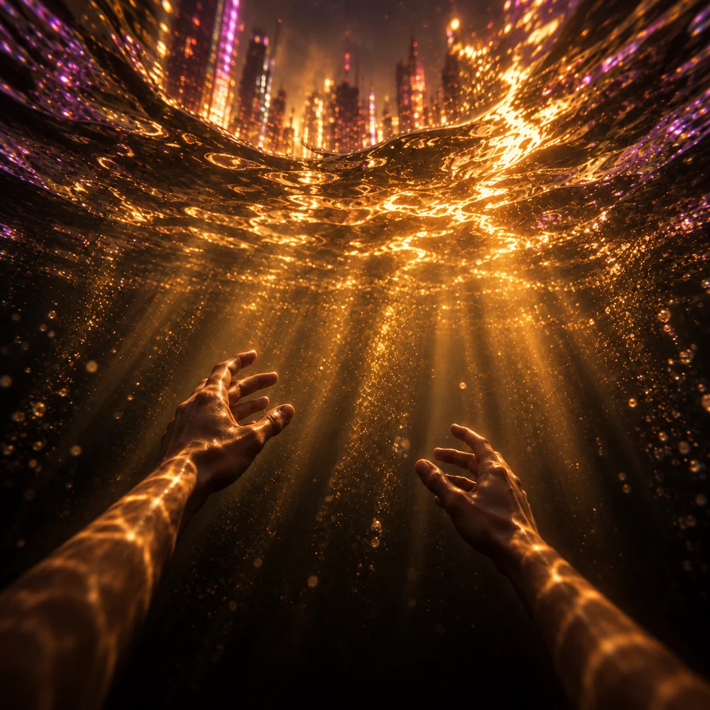 Hands reaching towards a golden water surface.