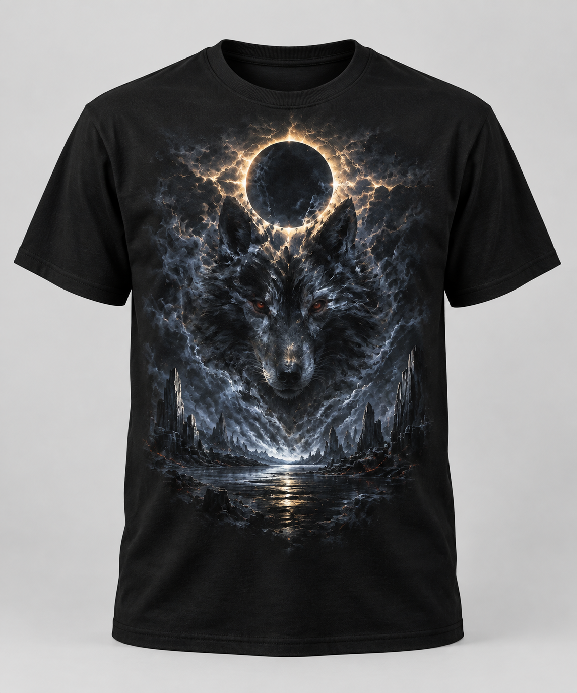 Design concept for a black T-shirt featuring the WISESTRIKE spectral wolf and golden eclipse.