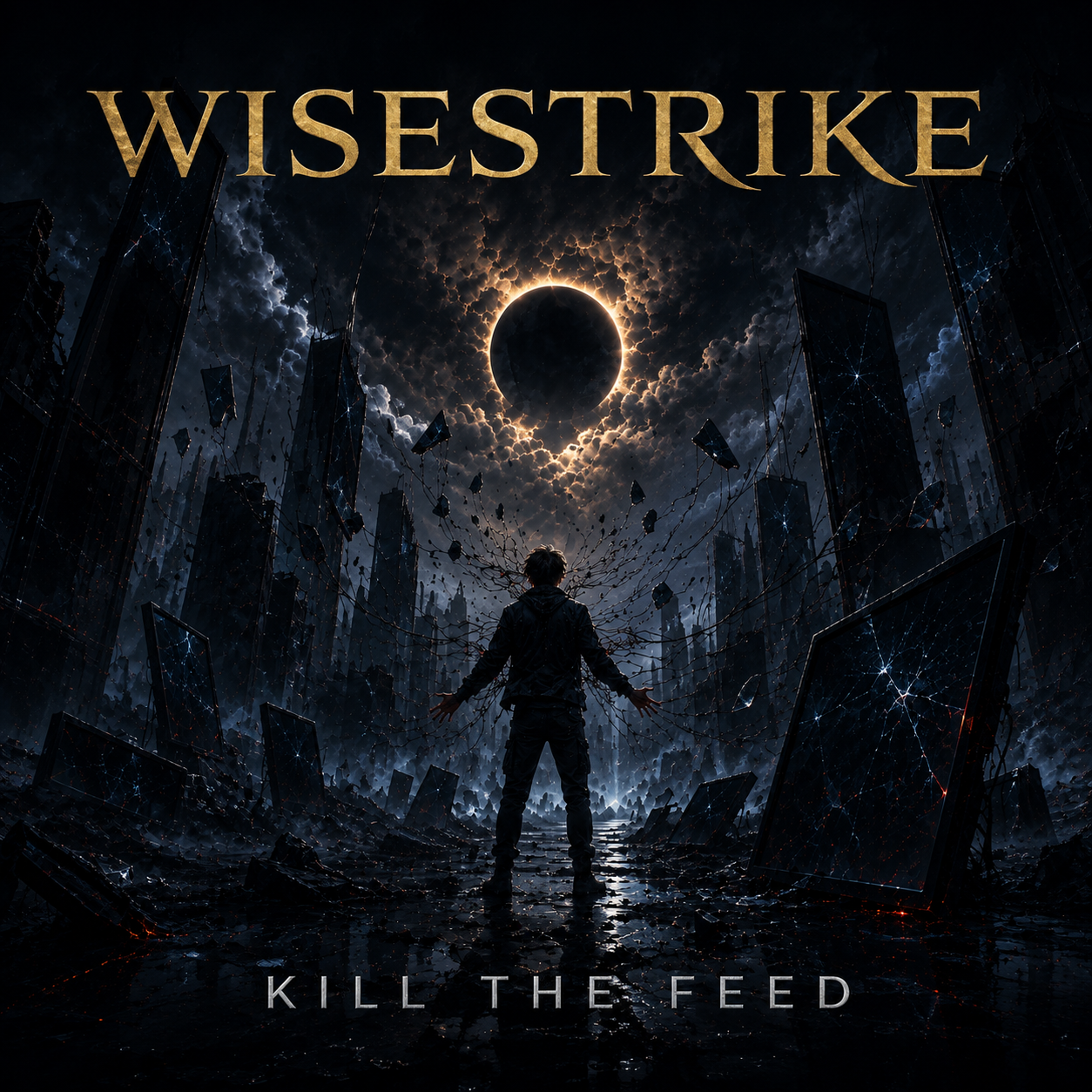 Kill the Feed cover artwork: a figure beneath an eclipse in a fractured city.
