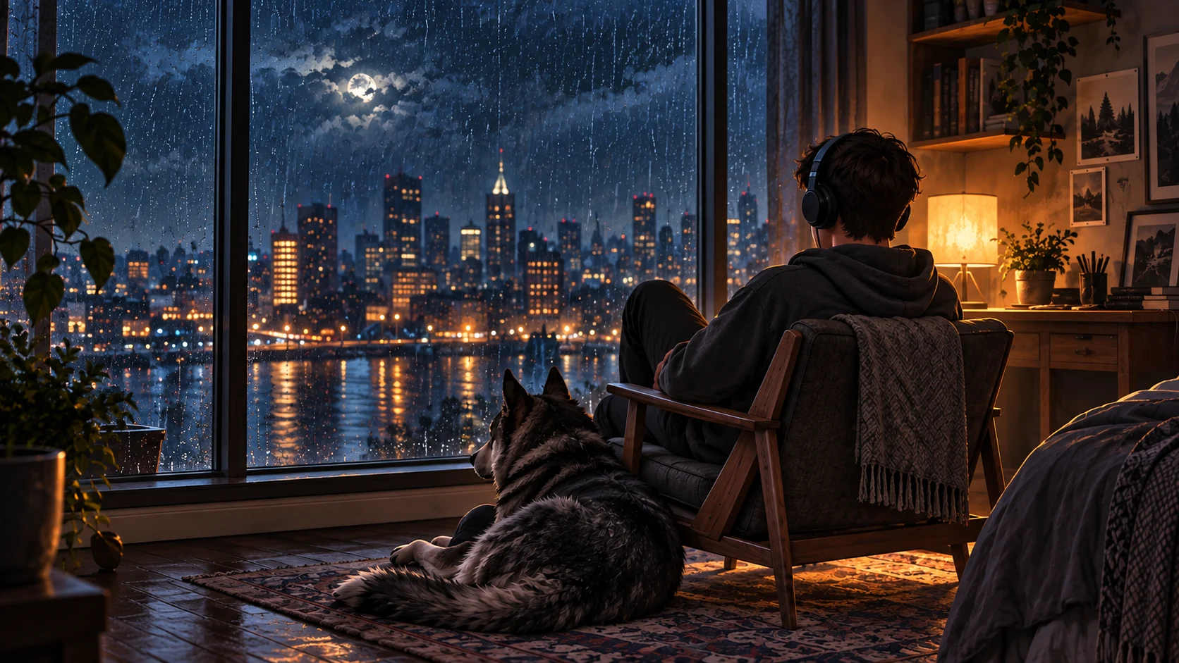 Umbra rests beside a listener in a warm room overlooking the rainy city at night.