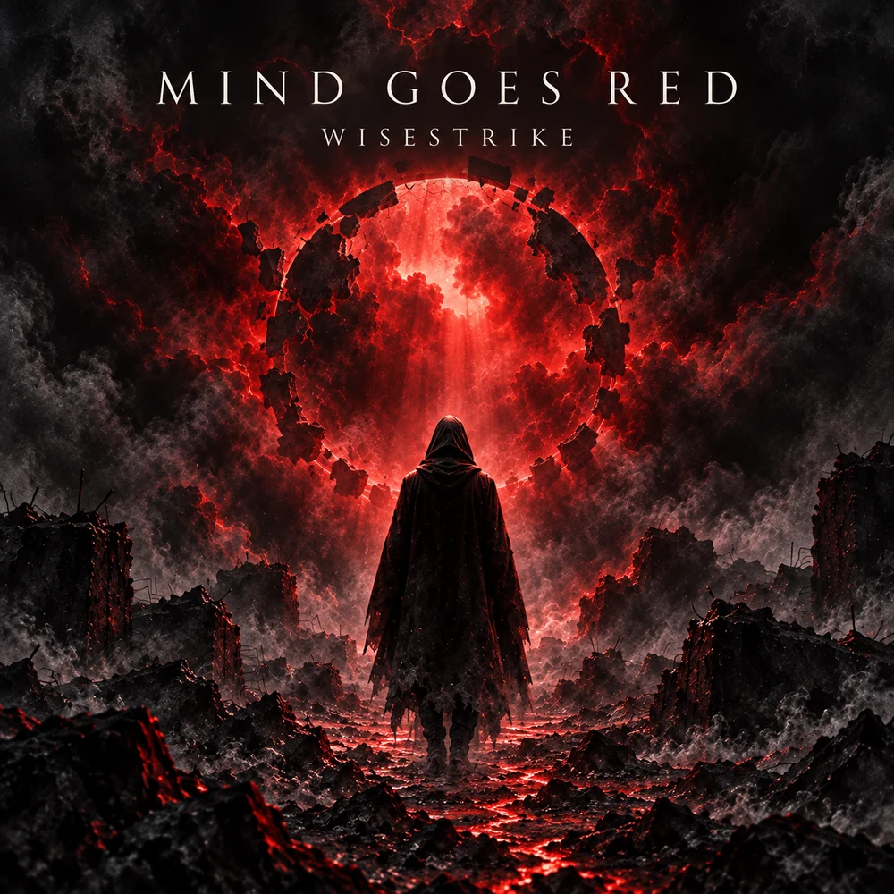 Mind Goes Red: a hooded figure before a shattered red eclipse.