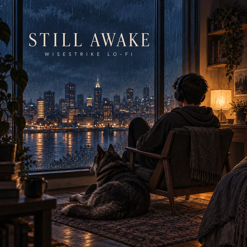 Still Awake album artwork: Umbra and a listener by a rainy window, under the album title.