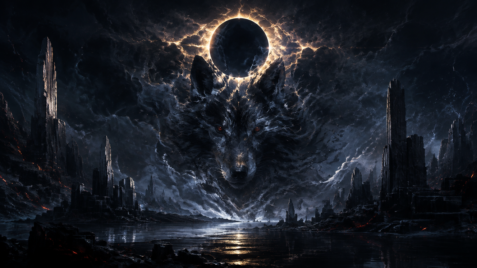 A spectral wolf beneath a golden eclipse, surrounded by storm clouds and dark stone towers.