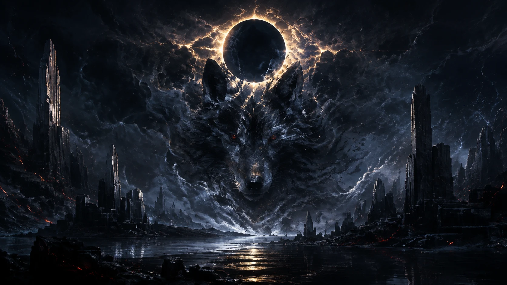 A spectral wolf beneath a golden eclipse, surrounded by storm clouds and dark stone towers.